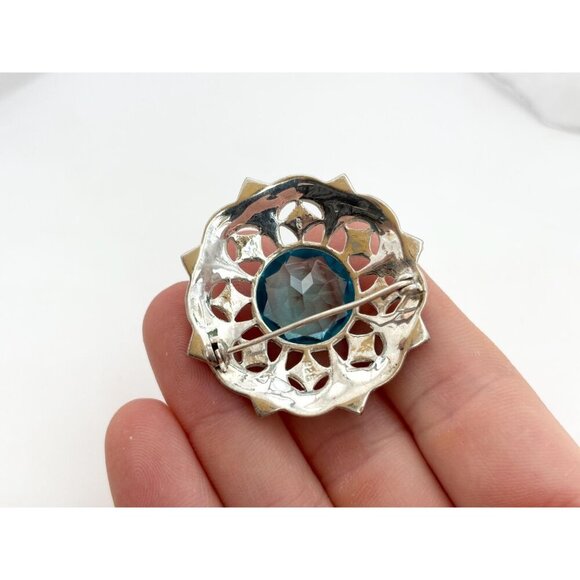 SOLD -Sterling Silver Vintage 925 Stamped Natural Marcasite & Acquamarine Brooch - Picture 4 of 9